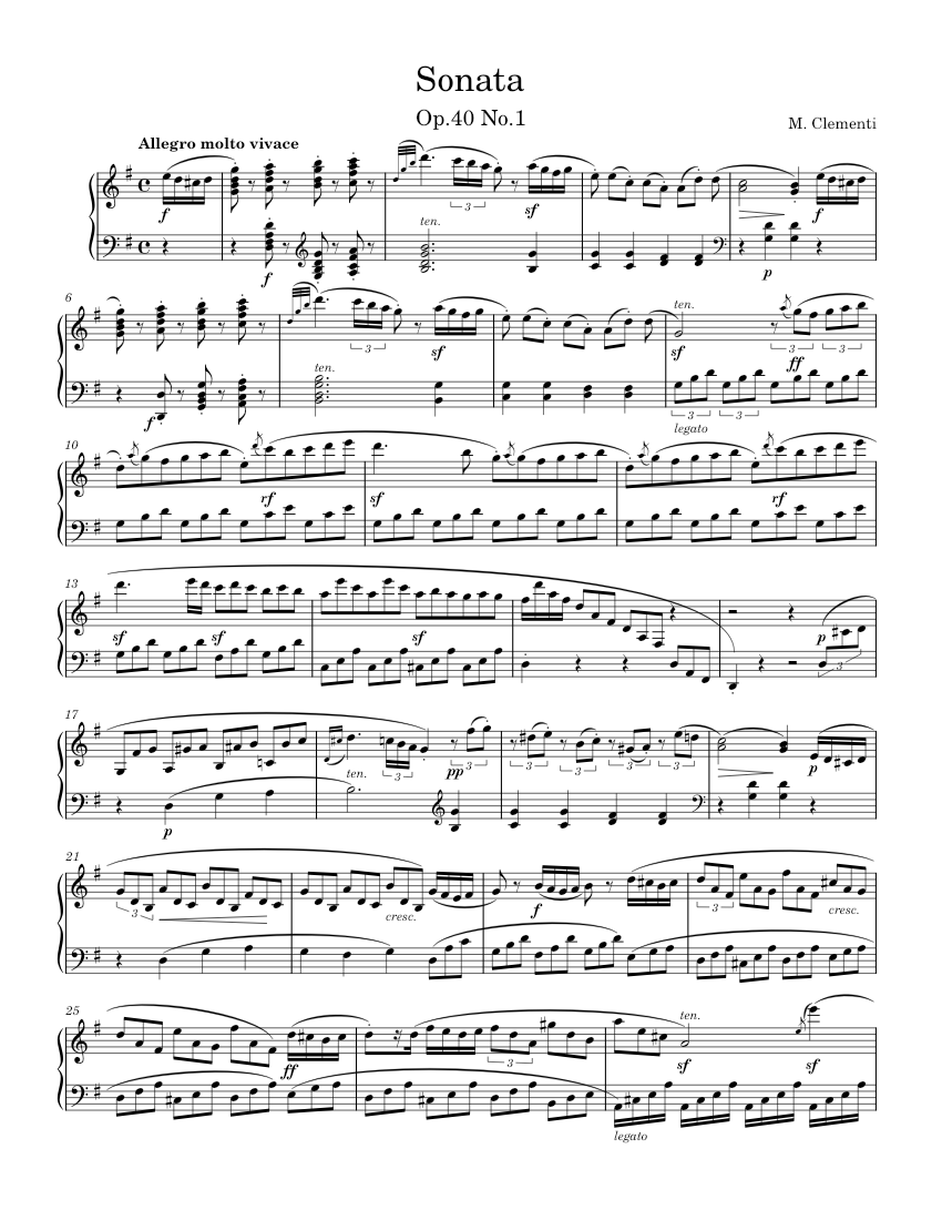 Sonata in G Major, Op.40 No.1 – Muzio Clementi Sheet music for Piano ...