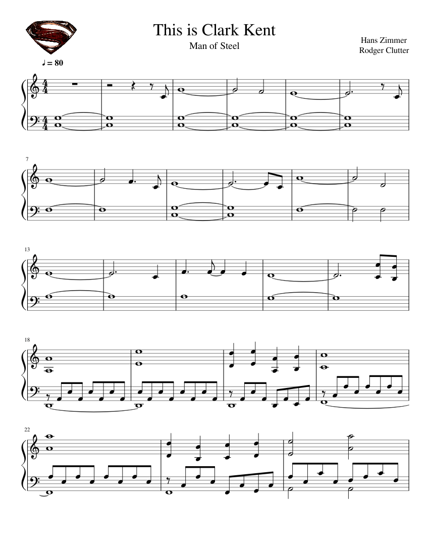 This Is Clark Kent Man Of Steel Hans Zimmer Piano Solo Sheet Music For Piano Solo Musescore Com
