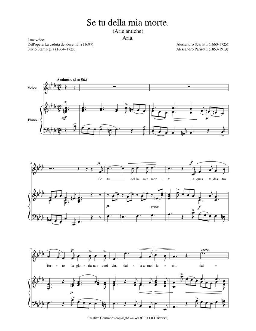 Scarlatti Alessandro - Se tu della mia morte Low Sheet music for Piano,  Vocals (Solo) | Musescore.com