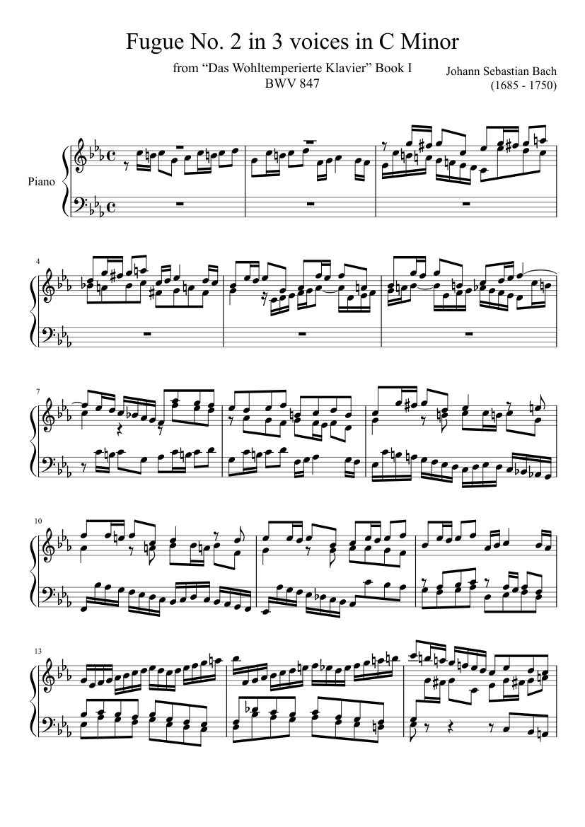 Fugue No. 2 BWV 847 in C Minor Sheet music for Piano (Solo) | Musescore.com