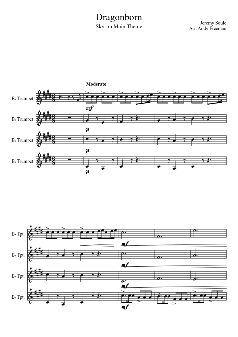 Skyrim Main Theme For Trumpet Quartet Sheet Music For Trumpet Mixed Quartet Musescore Com