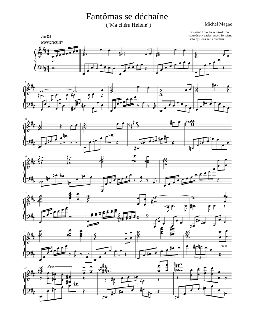 Fantômas se déchaîne (Ma chère Hélène) Sheet music for Piano (Solo) |  Musescore.com