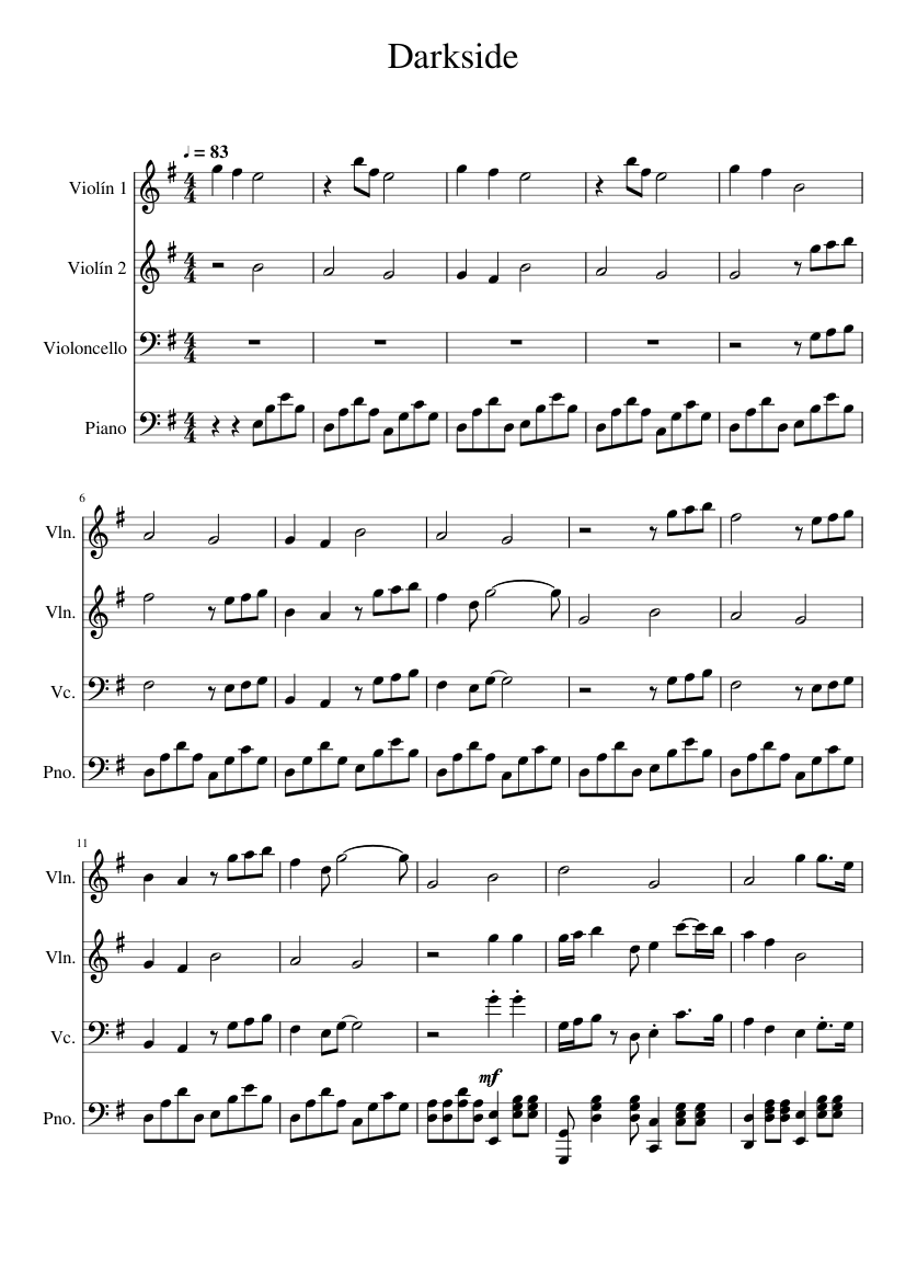 Darkside Sheet music for Piano, Violin, Cello (Mixed Quartet) |  Musescore.com