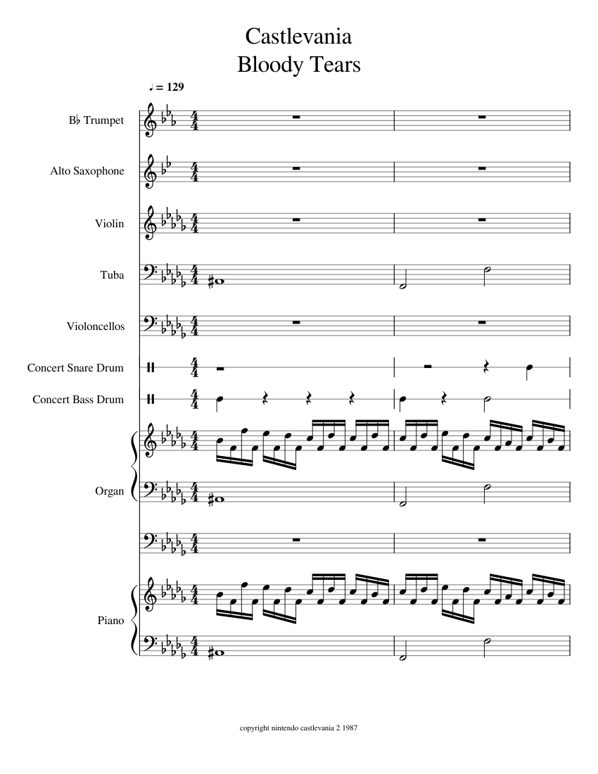 Castlevania bloody tears Sheet music for Piano, Organ, Tuba, Saxophone alto  & more instruments (Mixed Ensemble) | Musescore.com