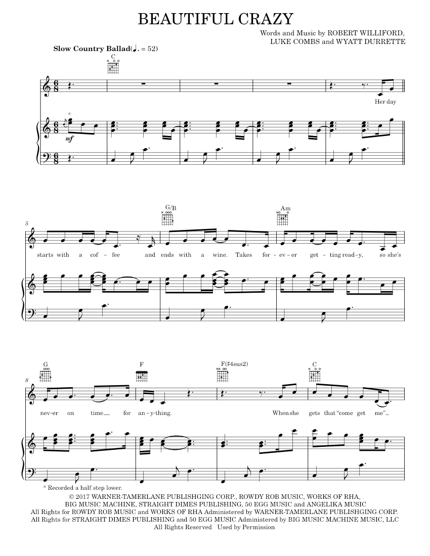 beautiful crazy Sheet music for Piano, Vocals by Luke Combs Official ...