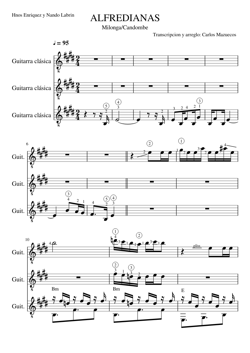 ALFREDIANAS (Milonga-Candombe) Sheet Music for Guitar (Mixed Trio ...