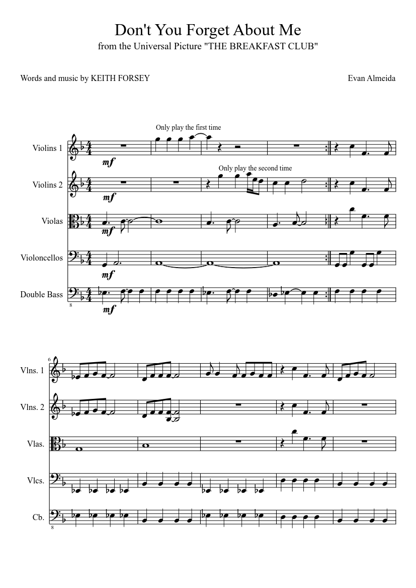 Don T You Forget About Me Sheet Music For Strings Group Contrabass Mixed Quintet Musescore Com