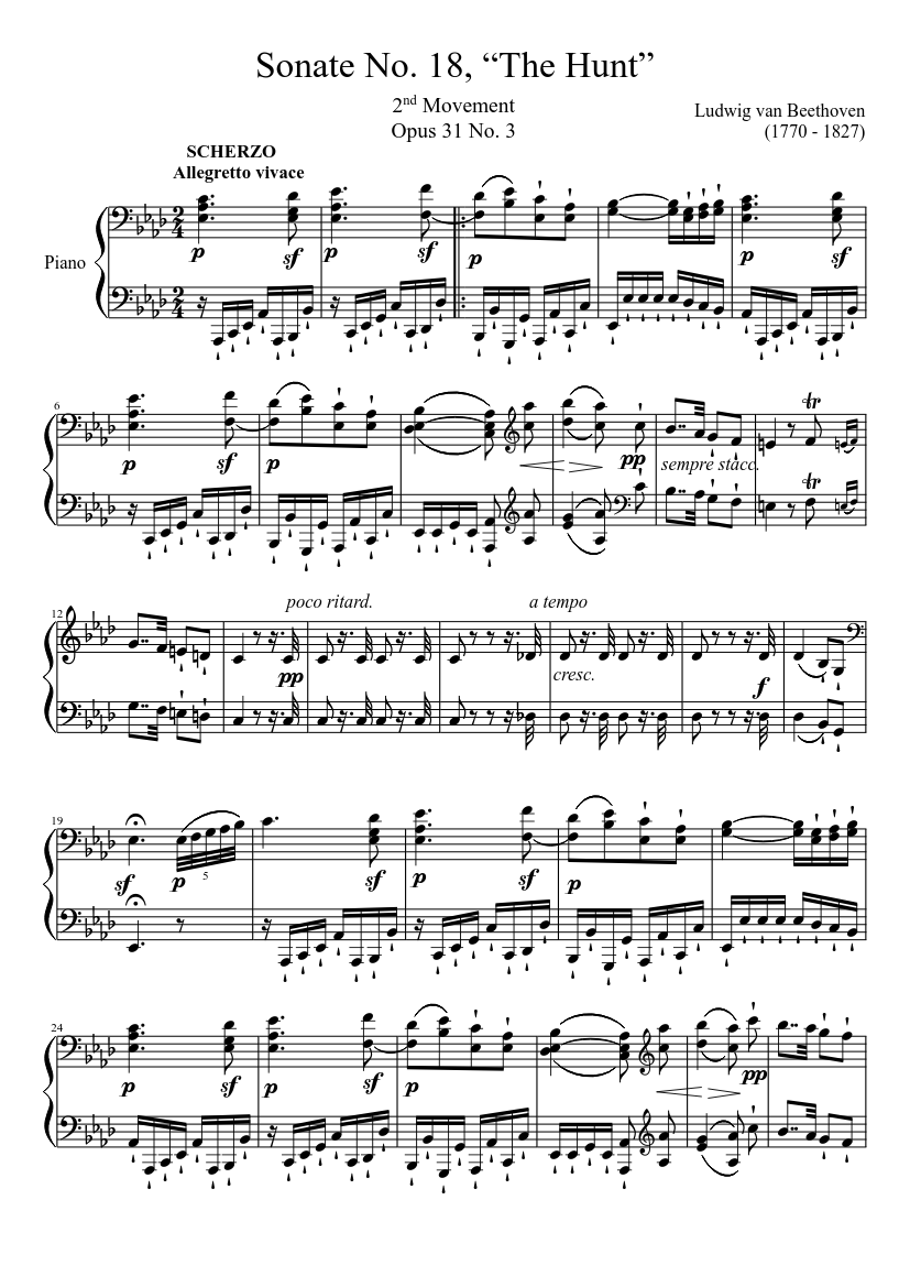 Sonate No. 18, “The Hunt” 2nd Movement Sheet music for Piano (Solo) |  Musescore.com