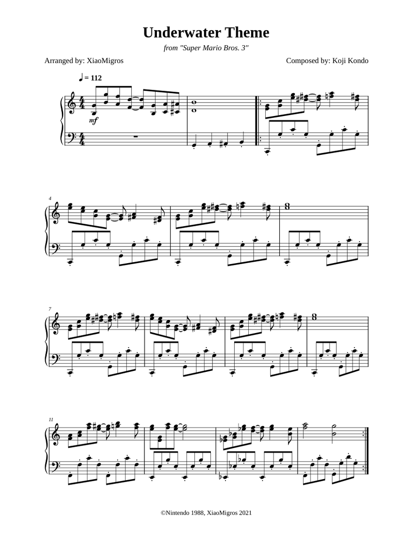 Underwater Theme - Super Mario Bros. 3 Sheet music for Piano (Solo ...