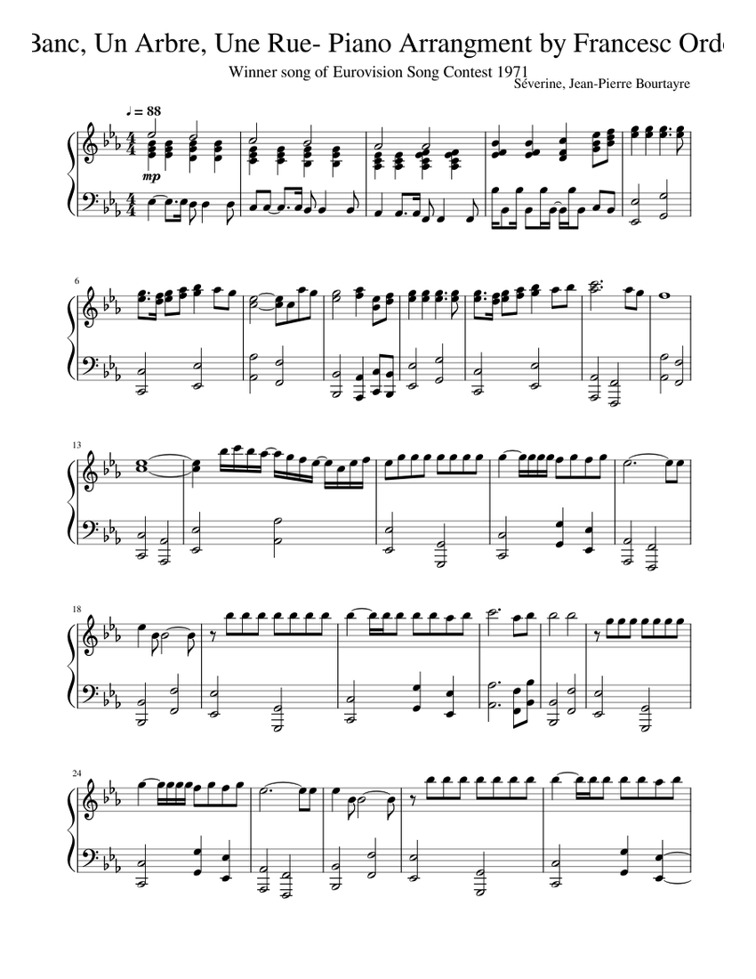 Un Banc, Un Arbre, Une Rue- Piano Arrangment by Francesc Ordobas- Sheet  music for Piano (Solo) | Musescore.com
