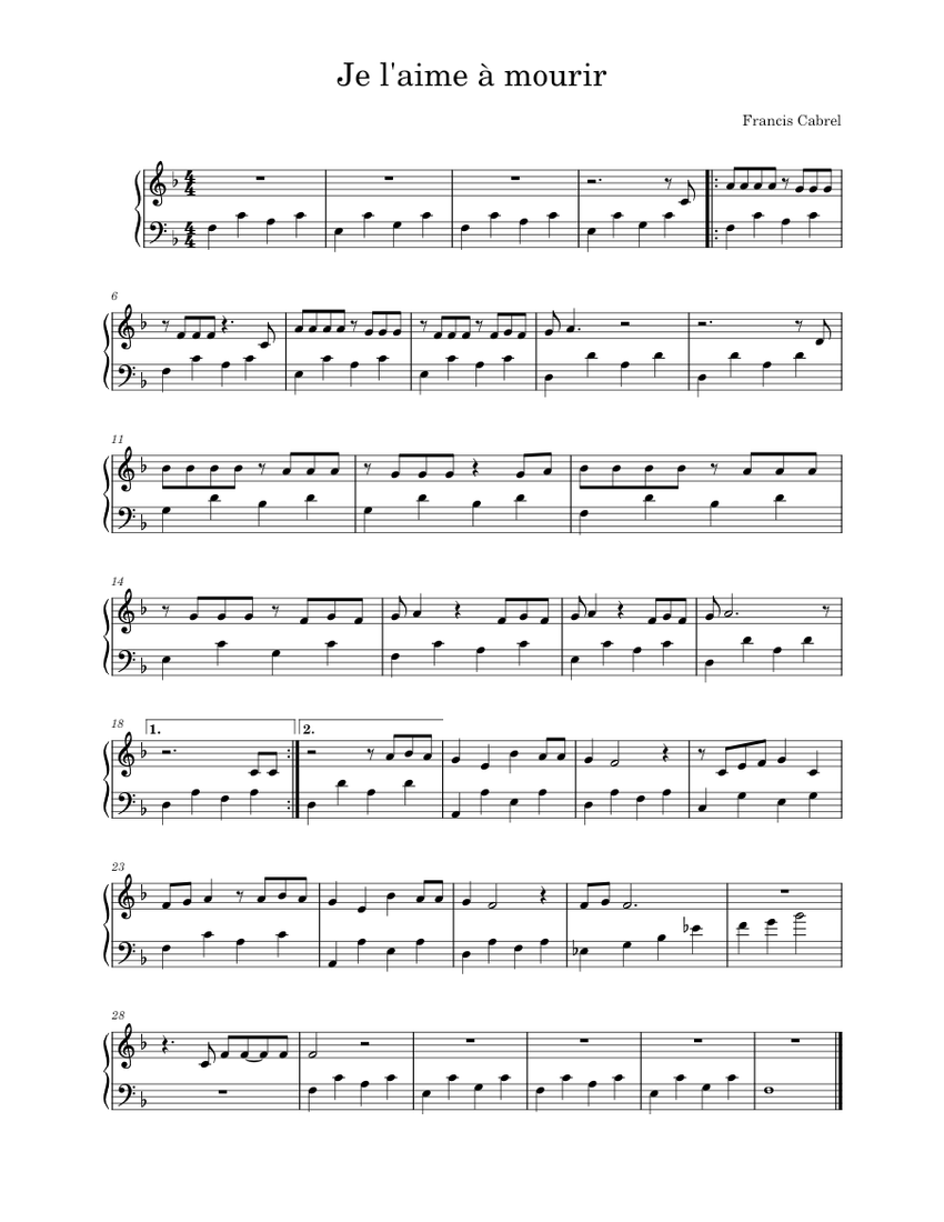 Je l'aime à mourir – Francis Cabrel Sheet music for Piano (Solo) Easy |  Musescore.com