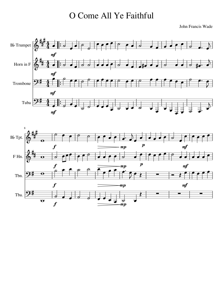 O Come All Ye Faithful Sheet music for Trumpet (In B Flat), Trombone, French Horn, Tuba (Mixed