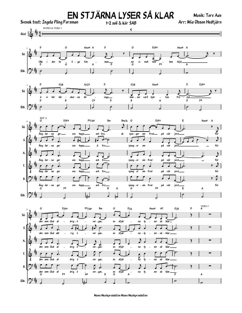 En Stjärna Lyser Så Klar Sheet music for Soprano, Alto, Tenor, Bass voice &  more instruments (SATB) | Musescore.com