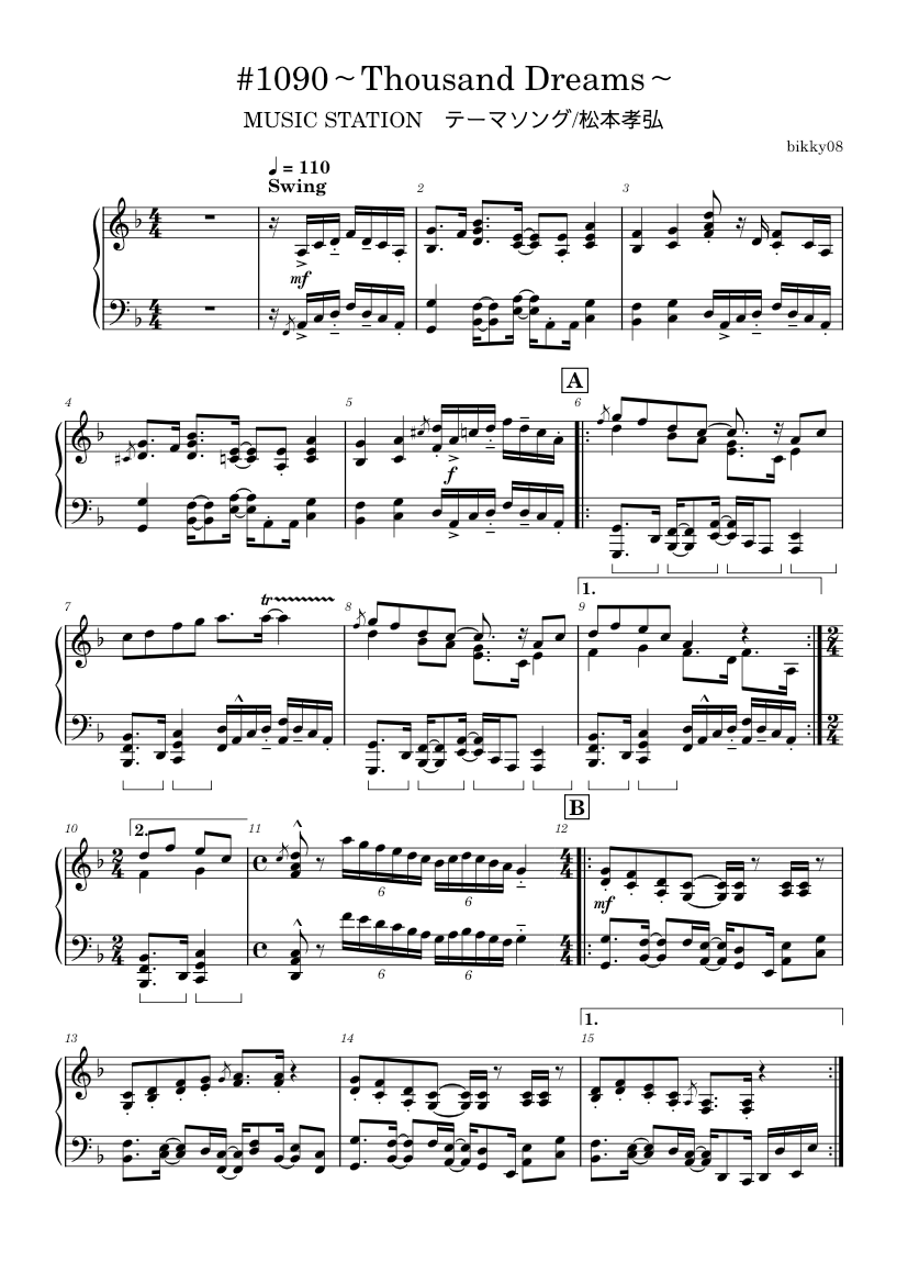 1090 Thousand Dreams – Takahiro Matsumoto 楽譜 タブ譜あり ピアノ
