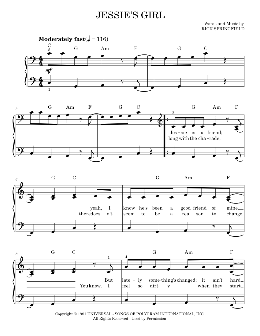 Jessie's Girl Sheet music for Piano: Music Notes