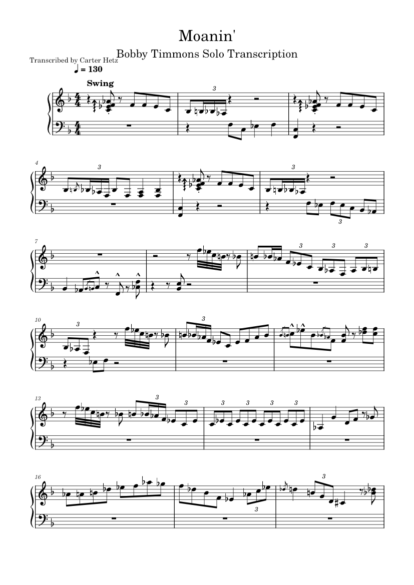 Moanin' – Bobby Timmons Piano Solo Transcription Sheet Music For Piano ...