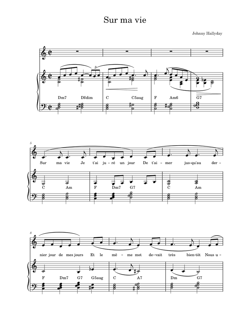 Sur ma vie - Johnny Hallyday Sheet music for Piano, Vocals (Piano-Voice) |  Musescore.com