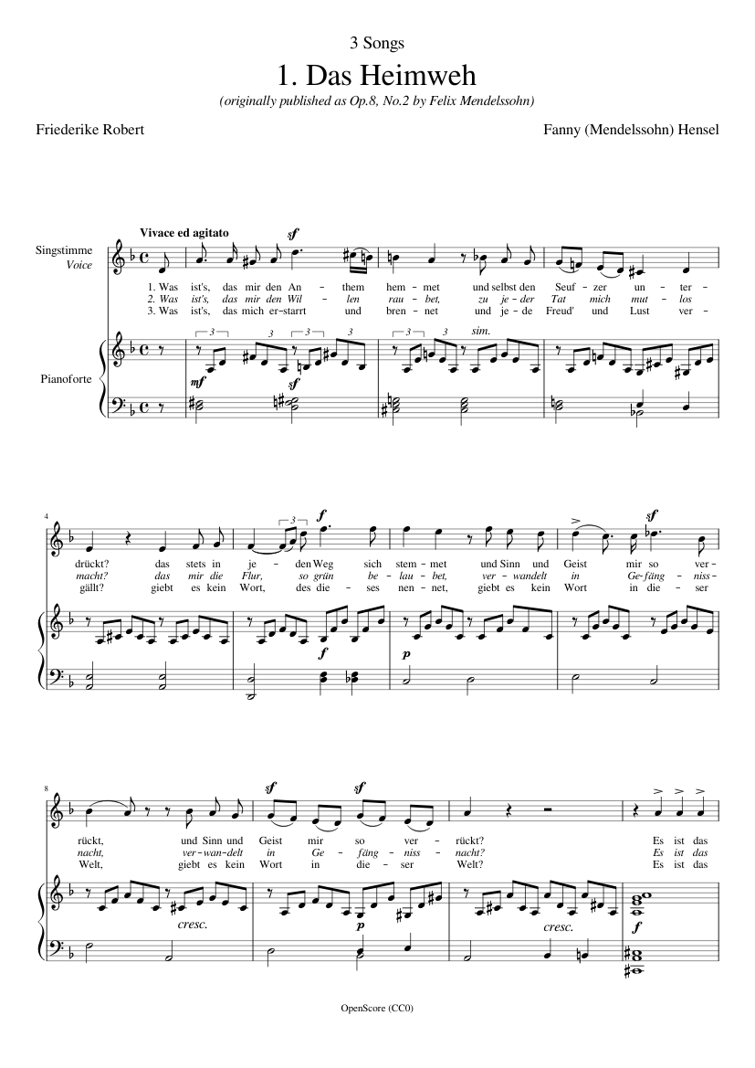 Hensel, Fanny (Mendelssohn) - 3 Songs, No.1 - Das Heimweh Sheet