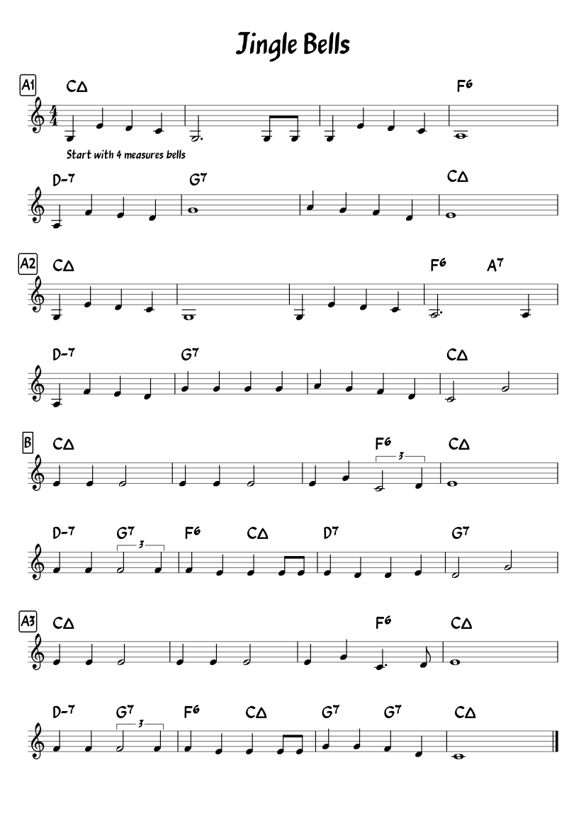 Jingle Bells - Leadsheet Sheet Music with Chords for Piano (Solo