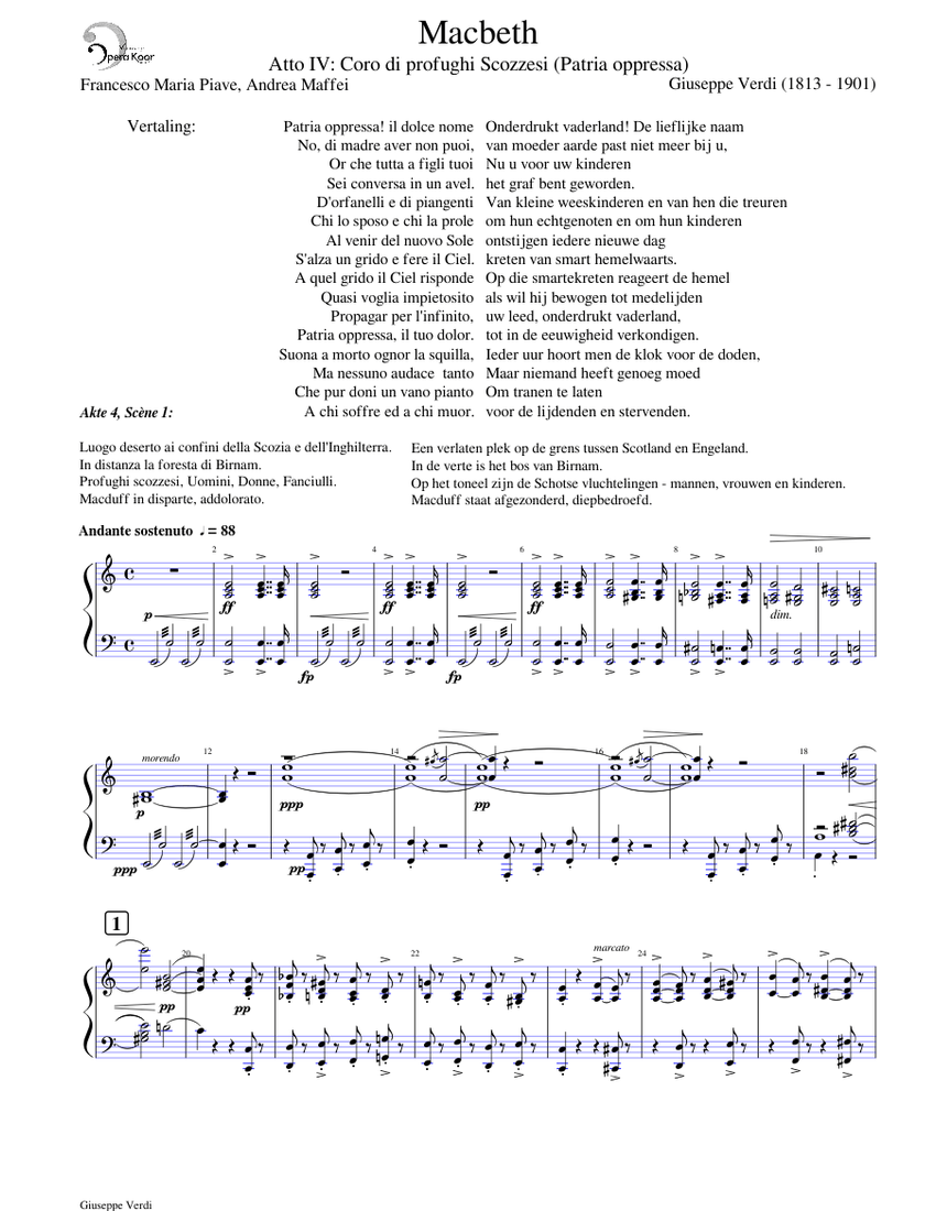 Macbeth, Atto IV: Coro di profughi Scozzesi (Patria oppressa) Sheet music  for Piano, Soprano, Alto, Tenor & more instruments (SATB) | Musescore.com