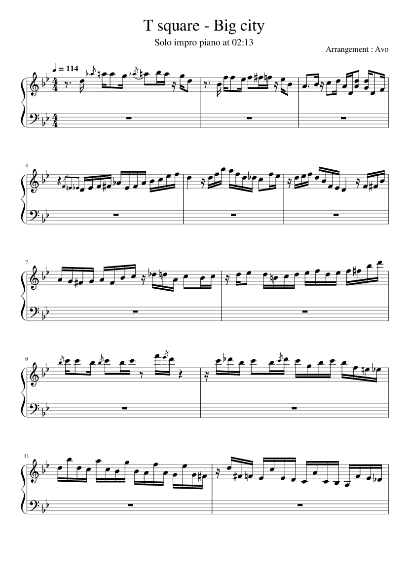 T square - Big city, piano solo transcription 楽譜 ピアノ (ソロ
