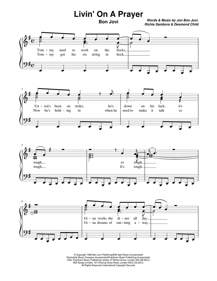 Livin' On A Prayer" by Bon Jovi Sheet music for Piano (Solo) | Musescore.com