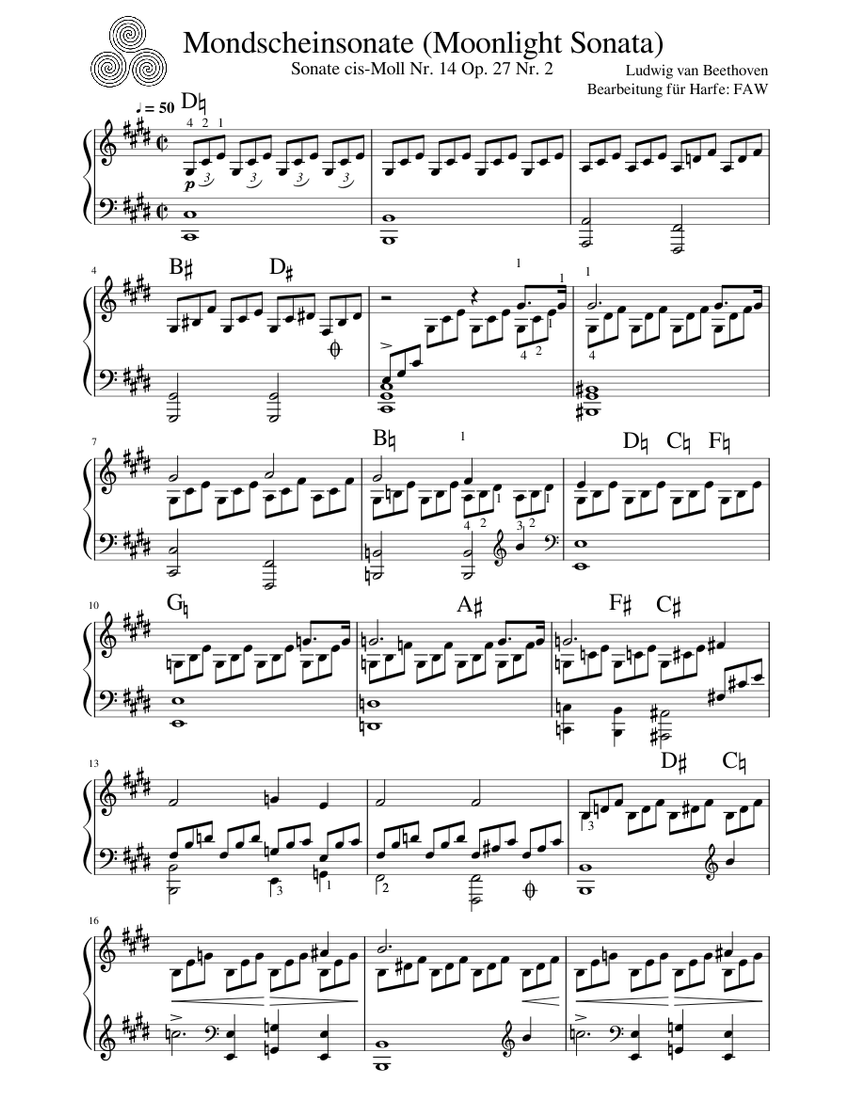 Sonata No 14, op. 27, No.2 First Movement (Moonlight Sonata) - Harp arr. by  FAW Solo arr. by FAW Sheet music for Harp (Solo) | Musescore.com