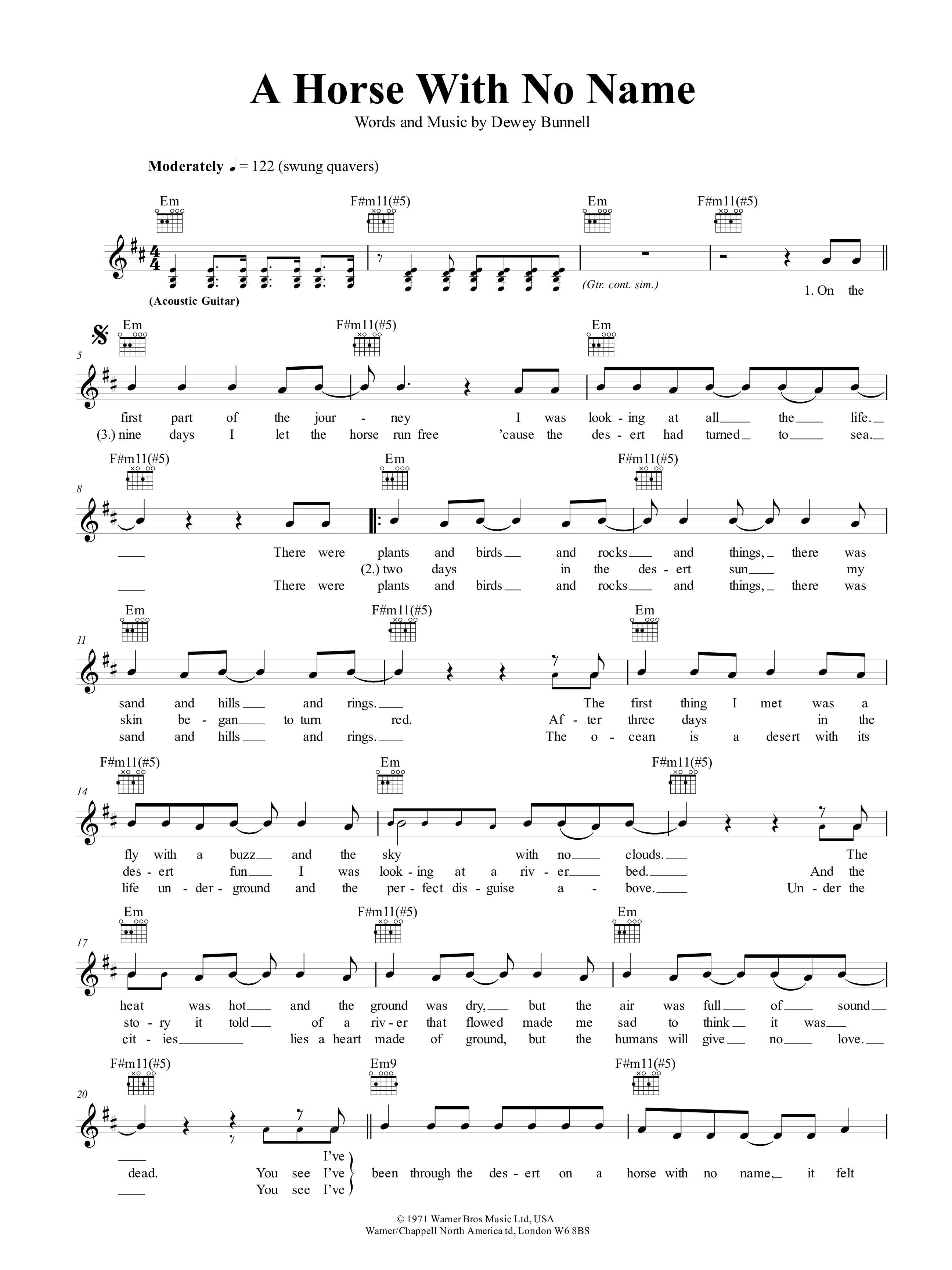 a horse with no name Sheet music for Vocals by America Official