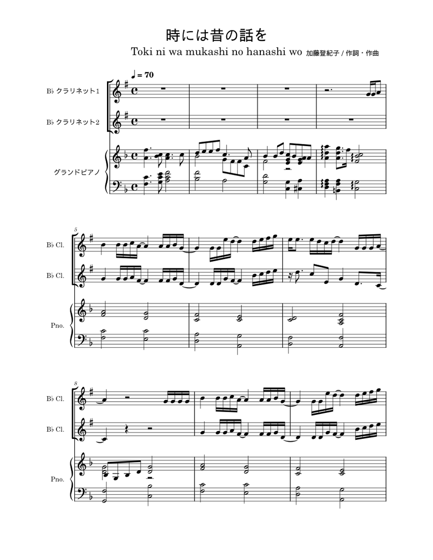Tokiko Kato - Tokiniwa Mukashino Hanashiwo / Letter Notation Partition  musicale by Misa / Kalimba Music