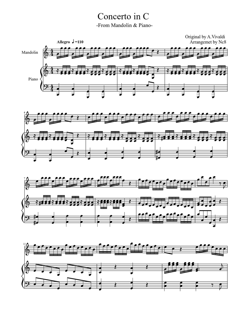 Mandolin Concerto in C MajorA.Vivaldi RV425 (Mandolin and Piano) Sheet