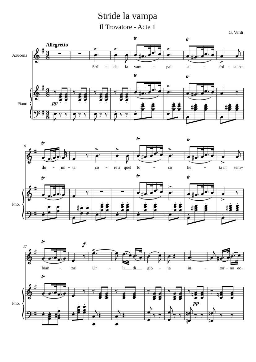 Verdi Il Trovatore 楽譜 トロヴァトーレ ヴェルディ Verdi, Il Trovatore: Stride la vampa Sheet Music for Piano, Flute