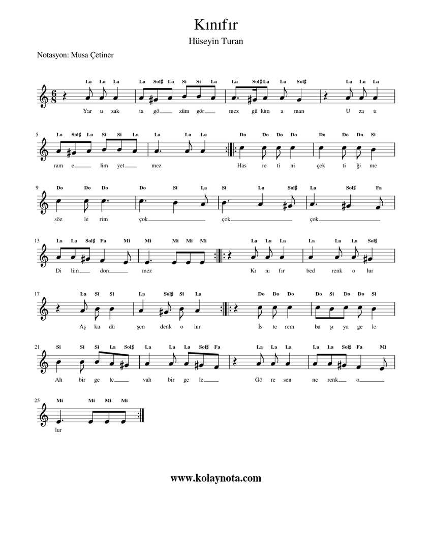 Kinifir Bedrenk Olur - Kolay Nota Sheet music for Piano (Solo) Easy |  Musescore.com