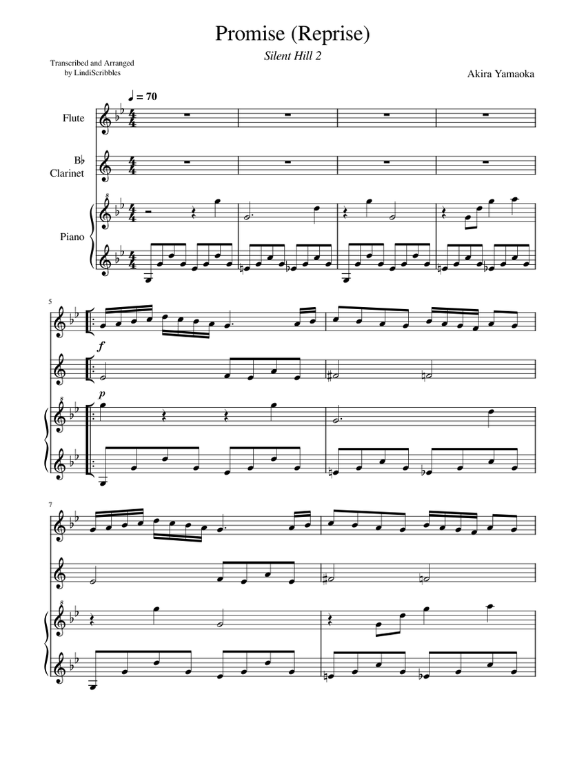 Promise (Reprise) Arranged for Flute, B♭ and Piano Sheet