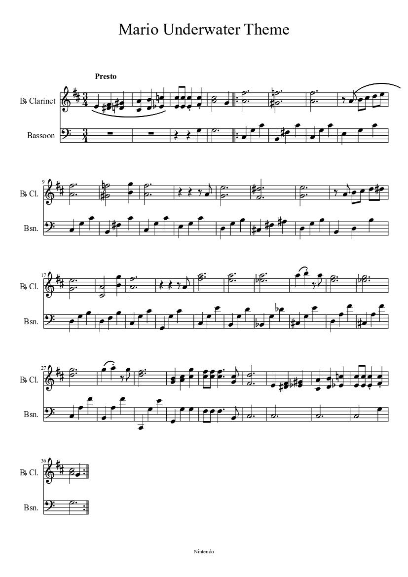Mario Underwater Theme Sheet music for Bassoon, Clarinet other (Woodwind  Duet) | Musescore.com