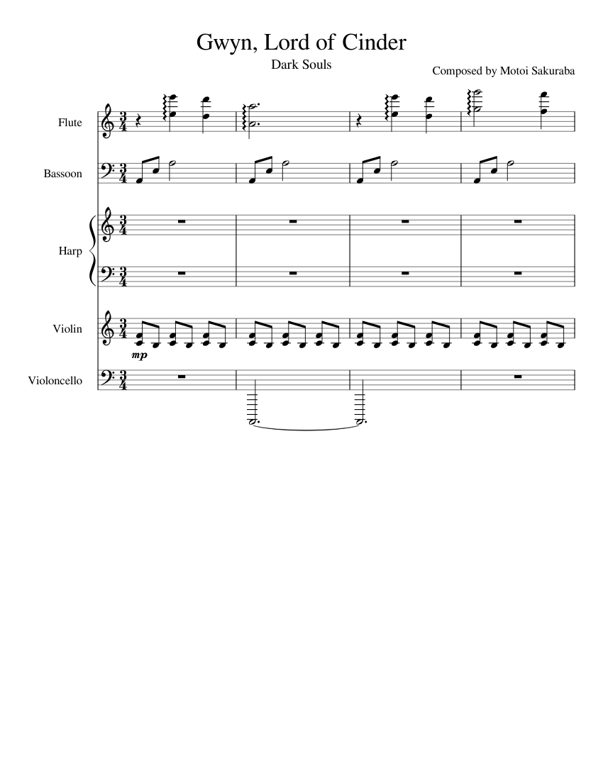 Gwyn, Lord of Cinder Sheet music for Flute, Bassoon, Violin, Cello & more  instruments (Mixed Quintet) | Musescore.com