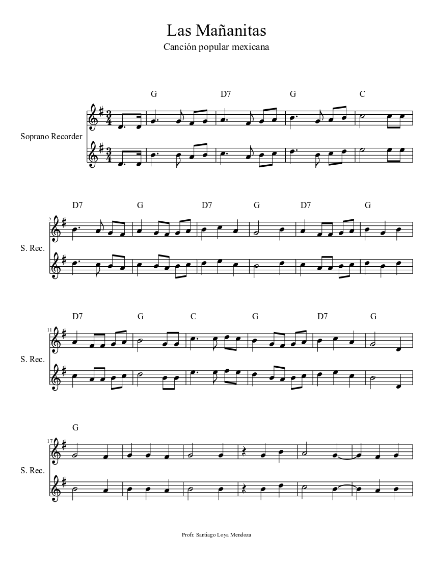 Las Mañanitas (1a. y 2a. voz) Sheet music for Recorder (Solo) |  Musescore.com
