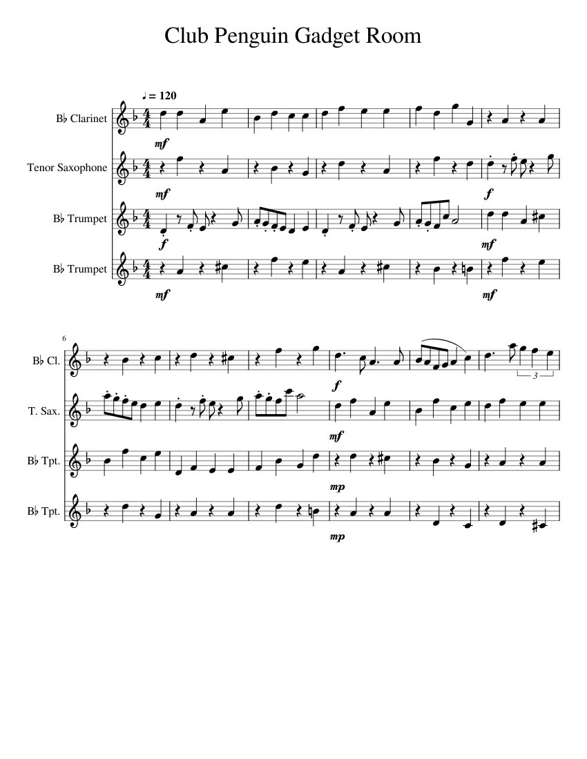 Club Penguin Gadget Room Sheet Music For Clarinet In B flat Saxophone Tenor Trumpet In B flat 