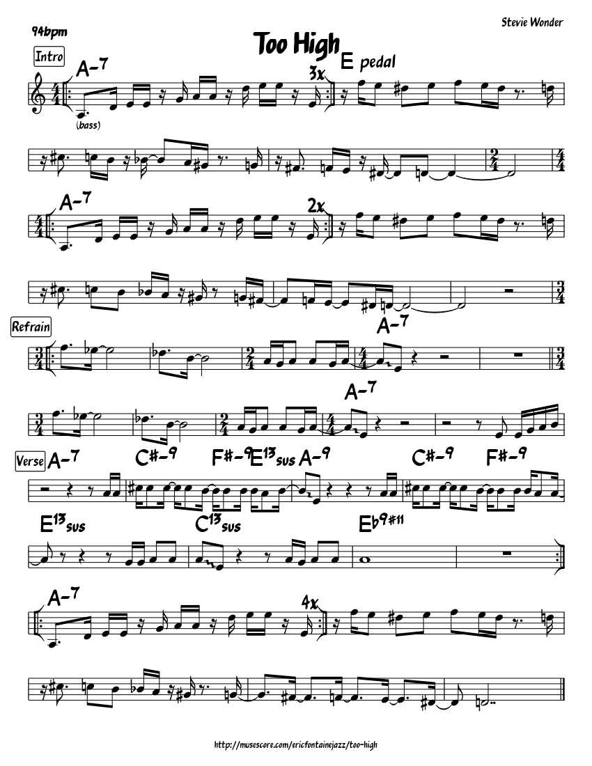 Too High (Stevie Wonder) leadsheet - piano tutorial