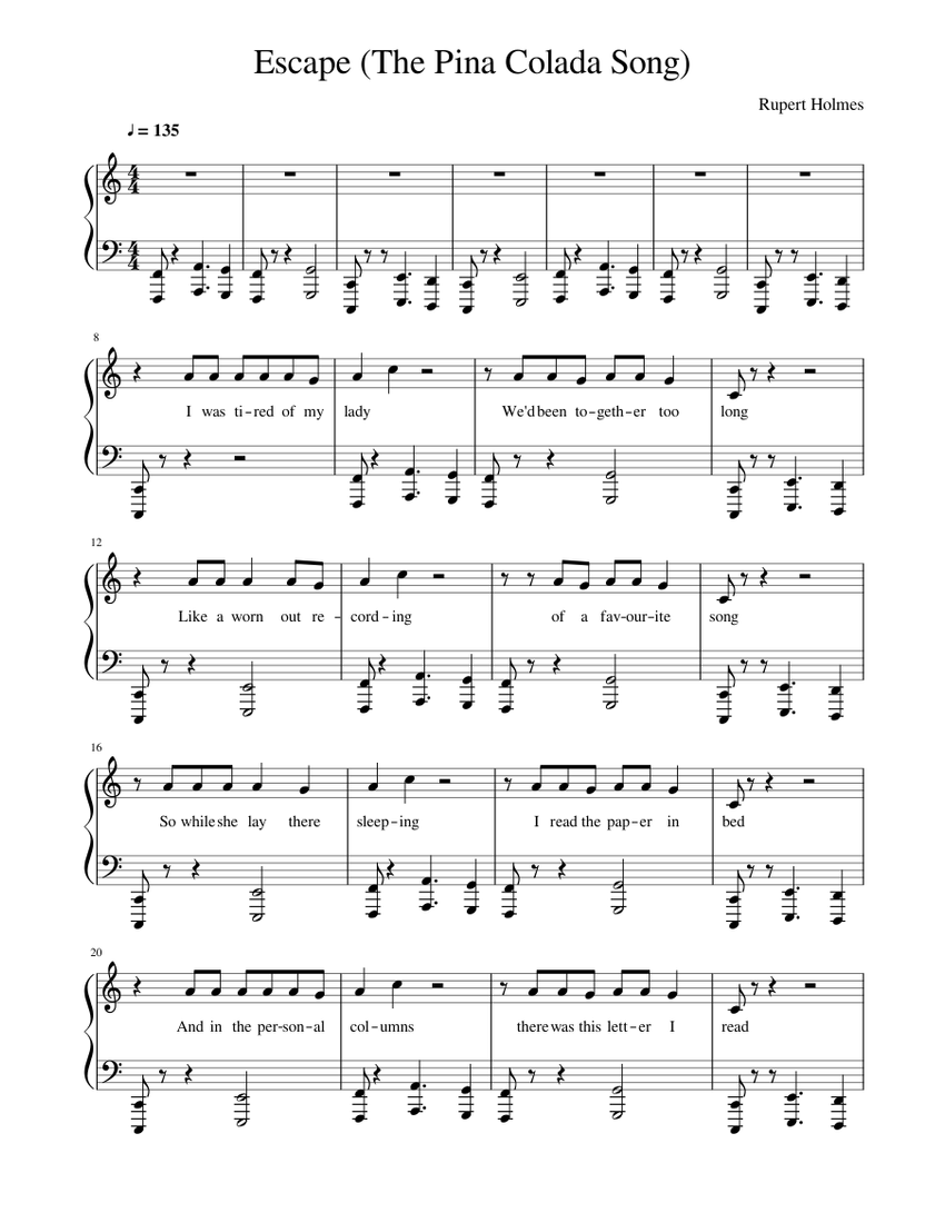 Escape (The Pina Colada Song) Sheet music for Piano (Solo) Easy |  Musescore.com
