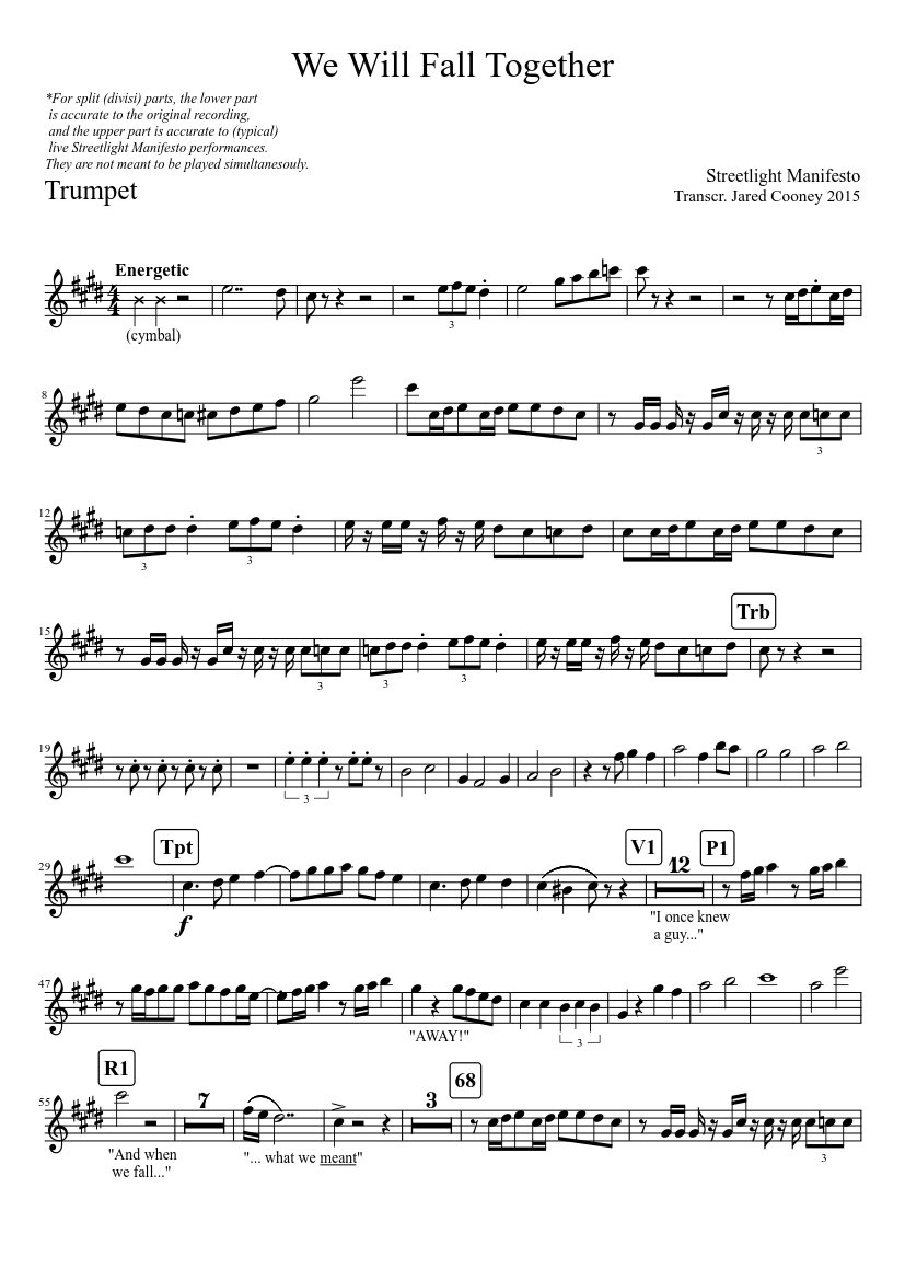 We Will Fall Together trumpet transcription Sheet music for