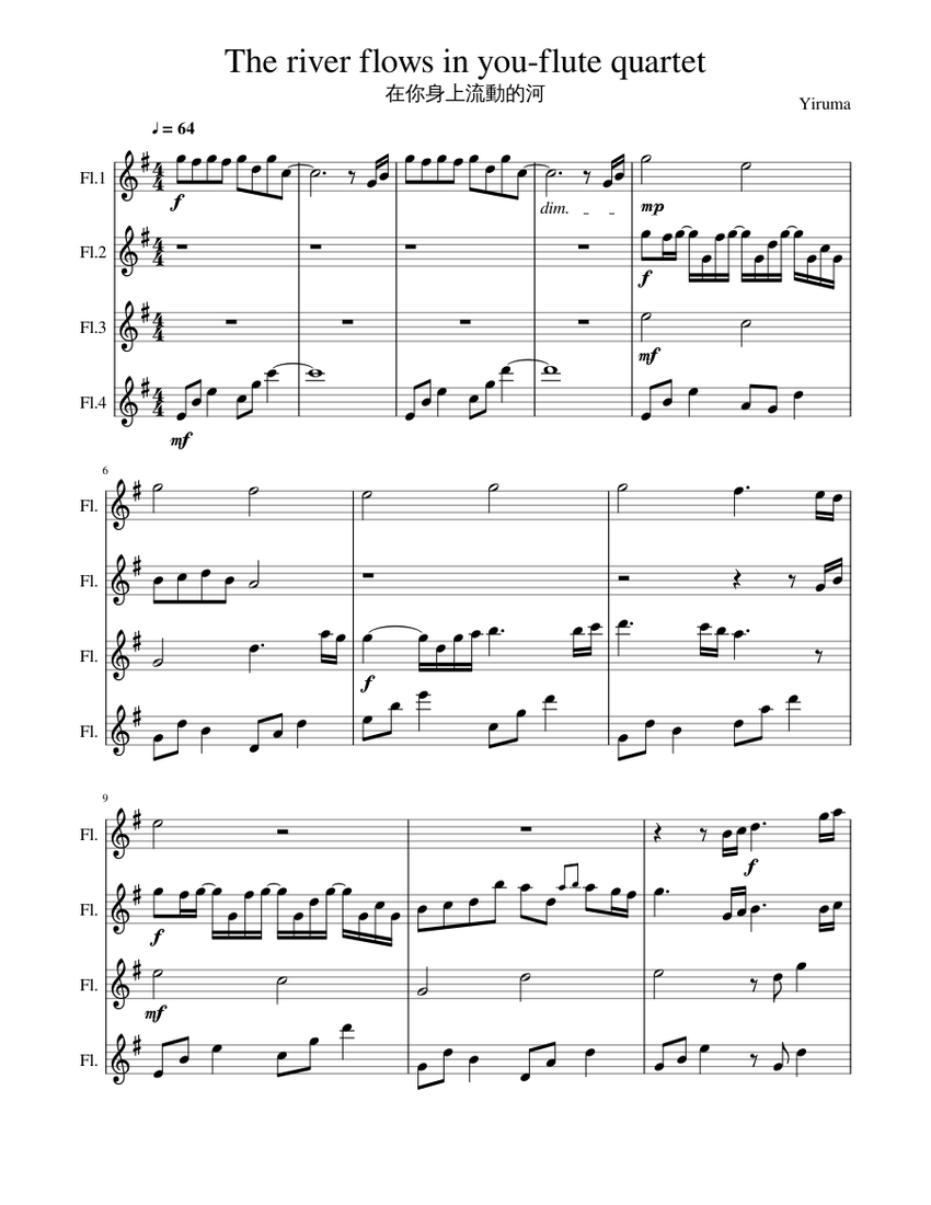 The river flows in you flute quartet Sheet music for Flute (Mixed