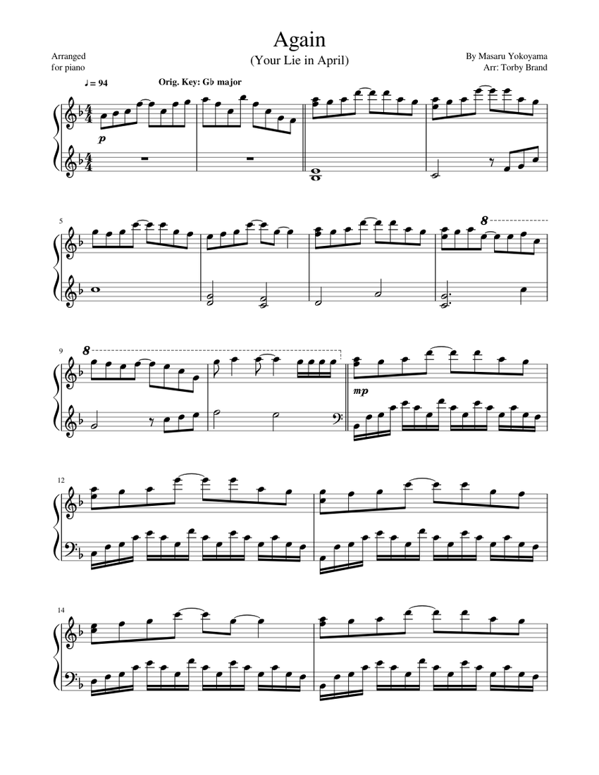 Again (Your Lie in April) Sheet music for Piano (Solo) | Musescore.com
