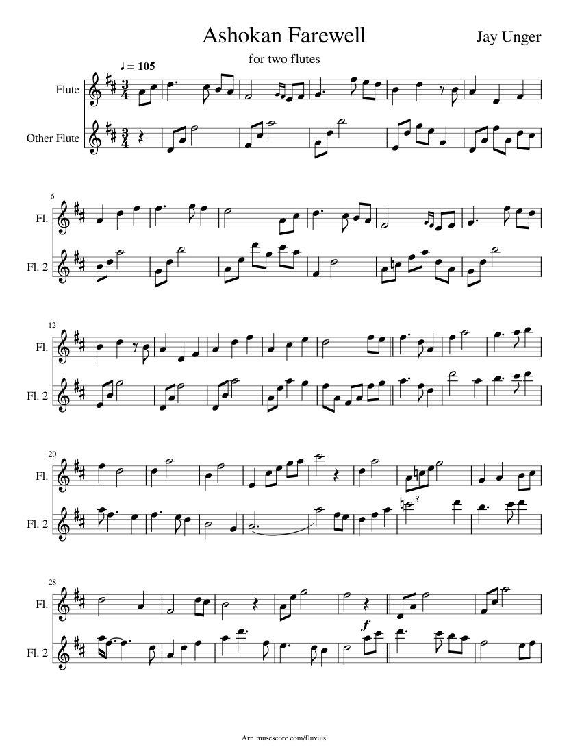 Ashokan Farewell duet for 2 flutes Sheet music for Flute (Woodwind Duet