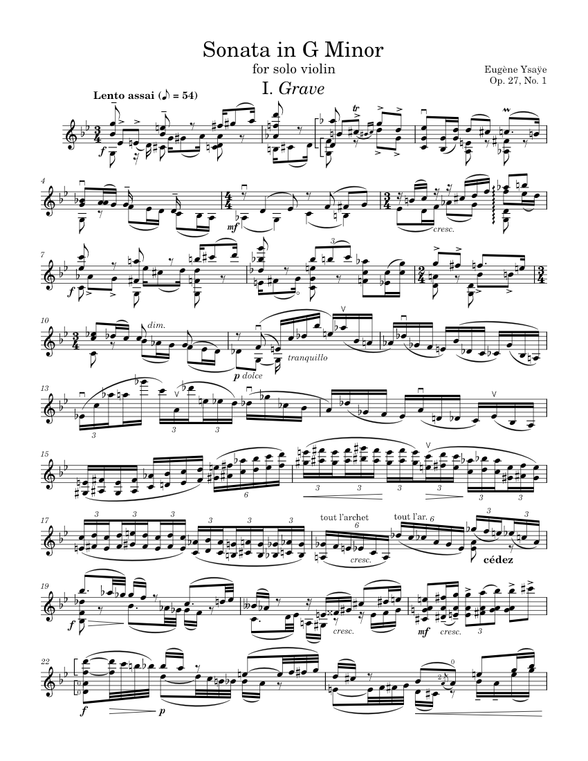 Solo Violin Sonata in G Minor - E. Ysaÿe, Op. 27, No. 1 Sheet music for ...