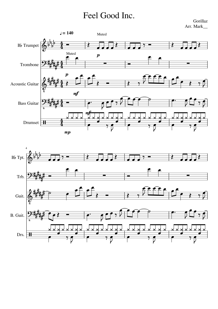Feel Good Inc. - Gorillaz Sheet music for Trombone, Trumpet other (Brass  Duet) | Musescore.com