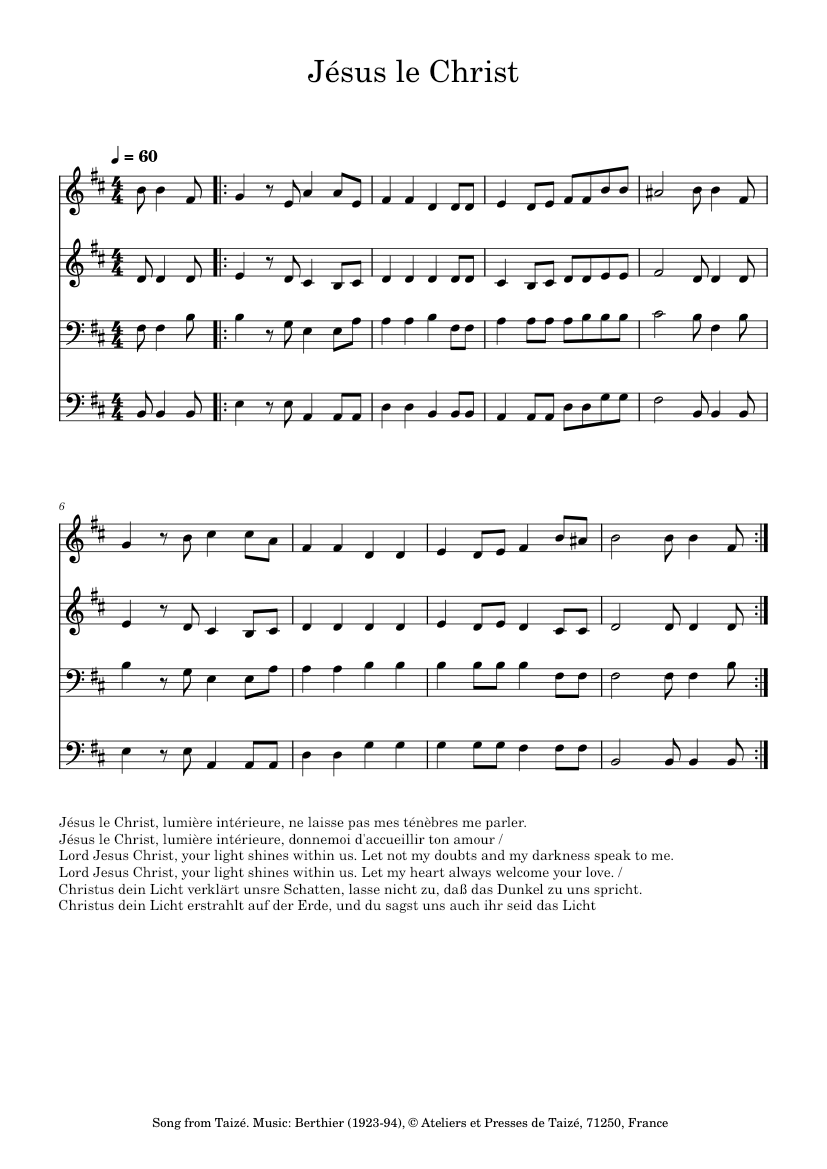 Taize Worksheet Taize - Jesus le Christ – - copyright © Ateliers et Presses de Taizé ...