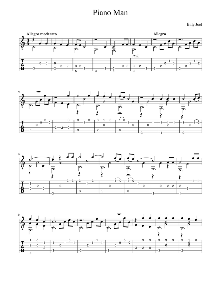 Piano Man Sheet music for Guitar (Solo) | Musescore.com