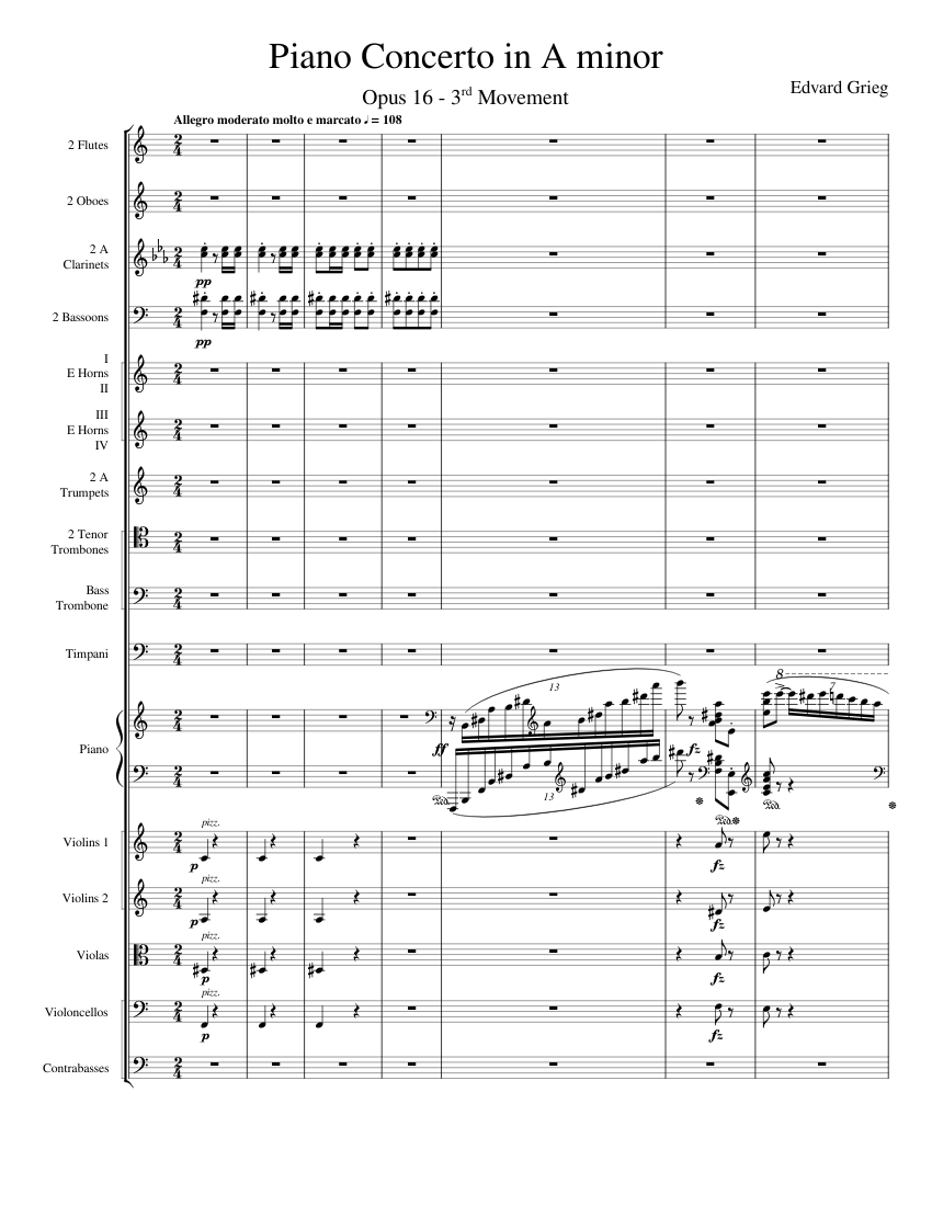Piano Concerto in A minor Opus 16, Grieg, 3rd Movement - Allegro molto  moderato Sheet music for Piano, Trombone tenor, Trombone bass, Flute  piccolo & more instruments (Mixed Ensemble) | Musescore.com