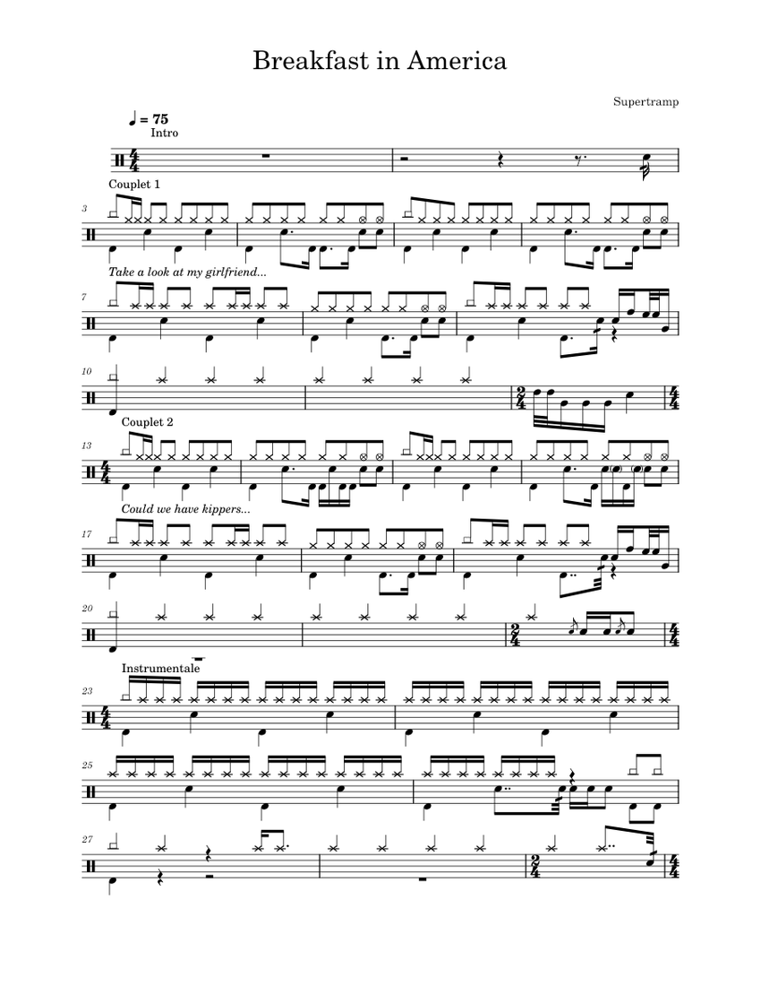 Breakfast in america – Supertramp Sheet music for Drum group (Percussion  Ensemble) | Musescore.com