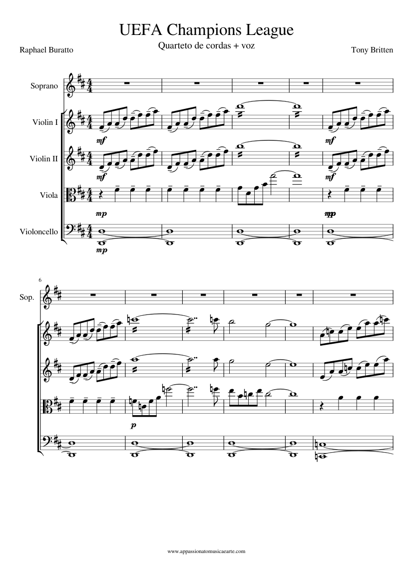 UEFA Champions League Sheet music for Soprano, Violin, Viola, Cello (Mixed  Quintet) | Musescore.com